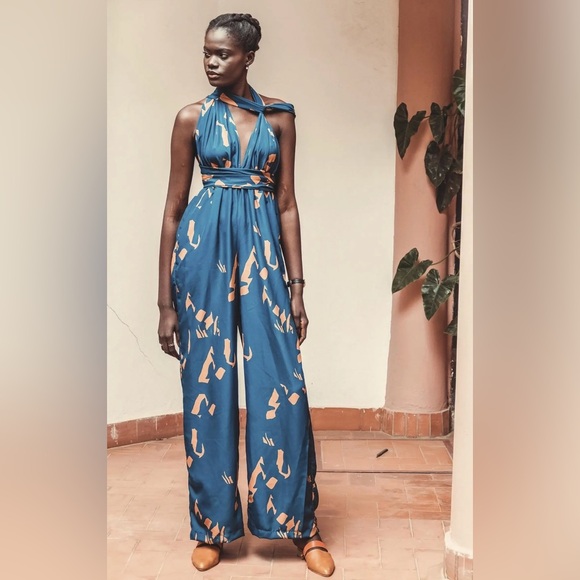 Diarrablu Pants - Diarrablu Teal and Brown Patterned Jumpsuit